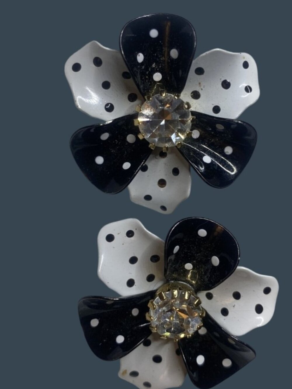 VTG Avon Polka Dot Layered Flower Clip On Earrings Black White Crystal Center